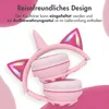 A pair of pink unicorn headphones with LED lights, folded in half, with marketing text overlay. Produktbild-Vorschau
