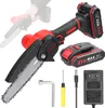 A collection of items related to a cordless chainsaw, including the chainsaw itself, batteries, a charger, and tools. Produktbild-Vorschau