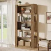 A wooden bookshelf filled with books and decorative items, placed next to a window with sheer curtains and a chair. Anteprima dell’immagine prodotto
