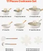 A flat lay of a 17-piece cookware set, showcasing all the individual pieces with labels. Podgląd zdjęcia produktu
