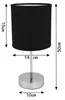 A black fabric lampshade table lamp with a silver base and stem, shown with dimensions indicated by measurement lines and text. Produktbild-Vorschau