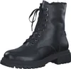 A black lace-up boot with a thick sole and faux fur lining.