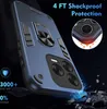 A blue phone case with a ring holder is shown from a diagonal angle, with debris falling around it. Produktbild-Vorschau