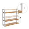 A white and bamboo shoe rack with adjustable shelves shown against a white background. Inset diagrams show how the shelves can be adjusted vertically. Náhled obrázku produktu