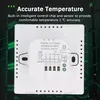 The back of a white smart thermostat with connection terminals and labels. Podgląd zdjęcia produktu