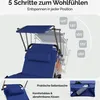 A blue reclining lounge chair with a sunshade is shown with adjustable angles indicated by numbers. Produktbild-Vorschau