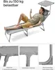 A man is relaxing on a lounge chair outdoors, holding a phone. The image also shows close-ups of the chair's construction. Produktbild-Vorschau