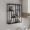 A black metal wall shelf with multiple compartments, displaying jars of food items and a bottle of oil. Náhled obrázku produktu