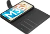 A black leather flip case for a smartphone is shown open, with the smartphone inside displaying a colorful screen with text. Produktbild-Vorschau