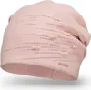 A pink beanie hat with pearl and rhinestone embellishments, presented on a white background. Produktbild-Vorschau
