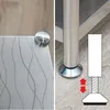A collage showing a close-up of a shelf corner with a decorative pattern and a metal cap, and a close-up of a metal shelf leg with an adjustable foot and a diagram illustrating its function. Podgląd zdjęcia produktu