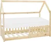 A wooden house-shaped bed frame with a mattress and slatted base, shown against a white background. Produktbild-Vorschau