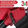 Close-up of a red leaf blower with a black lever and a marketing graphic overlay. Produktbild-Vorschau