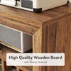 A close-up view of a wooden record player stand with a text overlay highlighting its quality. Produktbild-Vorschau
