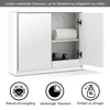 A white bathroom cabinet with its doors open, revealing shelves and storage space. Below the cabinet are three circular icons with text descriptions. Podgląd zdjęcia produktu