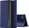 A navy blue flip case for a smartphone is shown from the side and back. Produktbild-Vorschau