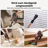 A collage of four images showing a cordless vacuum cleaner being used in different settings: cleaning car seats, blinds, a sofa with a dog, and stairs. Produktbild-Vorschau