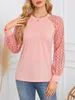 ASKSA Damen T-Shirt Rundhals Plissee Spitze LangarmShirts Produktbild-Vorschau 2