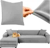 A collage showing a grey sofa cover, a close-up of the fabric, and a grey sectional sofa with a dog on it. Podgląd zdjęcia produktu