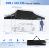 A diagram showing the dimensions and features of a pop-up pavilion, with a car and a person for scale. Náhled obrázku produktu
