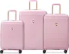 Three pink suitcases of different sizes are arranged side-by-side on a white background.