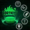 A Fortnite-themed LED night light displayed against a dark brick wall with glowing green accents and feature icons. Voir les images du produit