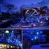 Collage of images showing blue LED string lights decorating trees, a house, and a building exterior in winter settings. Náhled obrázku produktu