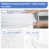 A collage of images showcasing a mattress and its features, with a blue banner at the top displaying product information. Voir les images du produit