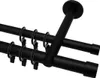 A close-up view of a black double curtain rod with rings and clips, mounted from the ceiling. Produktbild-Vorschau