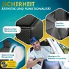 A collage of images showcasing car seat covers, featuring close-ups of the material and stitching, a man in a car, and safety certifications. Produktbild-Vorschau