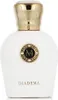 A white perfume bottle with a gold cap and a circular emblem on the front. Anteprima dell’immagine prodotto