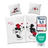A collage of images showing Mickey and Minnie Mouse bedding with certifications. Produktbild-Vorschau