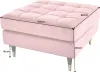 A pink velvet ottoman with dimensions indicated by measurement lines and text. Produktbild-Vorschau
