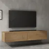 A modern, wall-mounted TV stand with a television and soundbar mounted above it, against a concrete wall. Produktbild-Vorschau