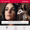 A split image showing a close-up of a woman's face on the left and a woman in a wedding dress on a chair with flowers on the right. Text overlays describe key features and technical specifications. Anteprima dell’immagine prodotto