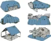 Collage of different items covered with blue tarps, and a scene of people having a picnic. Produktbild-Vorschau