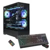 A gaming computer setup including a desktop tower, keyboard, mouse, and remote control, all displayed against a white background. Produktbild-Vorschau
