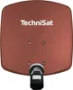 A satellite dish with a logo and a satellite receiver attached. Produktbild-Vorschau