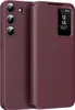 A close-up shot of a red leather flip case for a Samsung Galaxy S22 phone, showing the camera array and a smart view window displaying the time and date. Náhled obrázku produktu