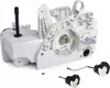 A white chainsaw crankcase and fuel tank assembly with two starter pull cords in the foreground. Produktbild-Vorschau