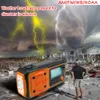 A man stands in front of a damaged house, looking at a portable emergency radio. The background shows a stormy sky with lightning and a tornado. Náhled obrázku produktu