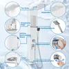 A diagram illustrating the features of a white shower panel system with various water outlets and controls, set against a blue and white watery background. Náhled obrázku produktu
