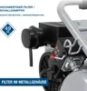 Close-up of a compressor's motor and filter housing with text overlays highlighting features. Produktbild-Vorschau
