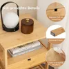 Close-up of a wooden nightstand with decorative items and feature callouts. Náhled obrázku produktu