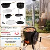 An outdoor cooking scene with a large pot over a fire pit, surrounded by accessories and a natural landscape. Produktbild-Vorschau