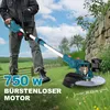 A person is using a cordless string trimmer in a grassy yard next to a stone wall. Produktbild-Vorschau