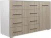 A white and wood grain dresser with multiple drawers and a cabinet door. Náhled obrázku produktu
