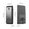 Two views of a smart lock, with dimensions indicated. Podgląd zdjęcia produktu