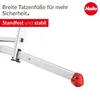 A close-up of a ladder leg with a red foot, with marketing text and a logo. Produktbild-Vorschau