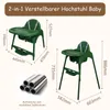 A size chart for a green baby high chair, showing dimensions and a close-up of metal tubes. Produktbild-Vorschau